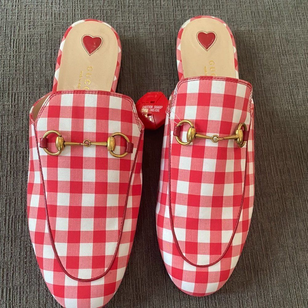 Gucci Women Red & White Gingham Plaid Check Slide Loafer Mule Slipper Si… - Picture 4 of 9